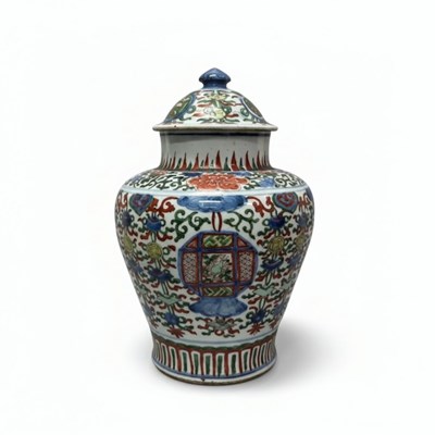 Lot 83 - A Wucai Porcelain Jar and Cover
China, Ming Dynasty, 17th Century