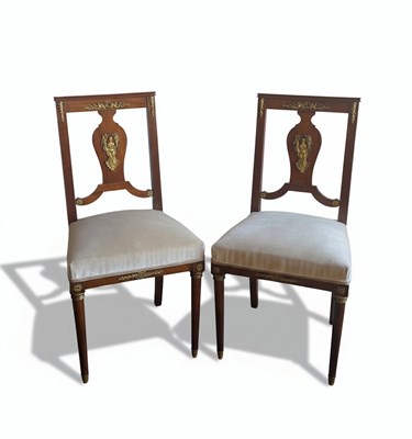 Lot 96 - A PAIR OF 20TH CENTURY FRENCH EMPIRE REVIVAL MAHOGANY SIDE CHAIRS
Mahogany with gilt-brass mounts and textile upholstery.