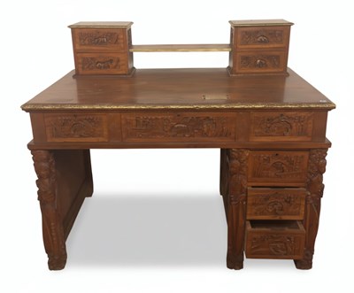 Lot 105 - A Chinese Carved Hardwood Desk with a Commemorative Plaque