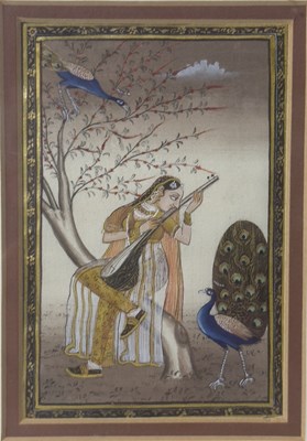 Lot 95 - An Indian Miniature Painting of a Lady (NAYIKA) with peacocks