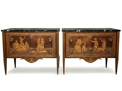Lot 47 - A Pair of Neoclassical Commodes (Chests of Drawers) with Hunting and Galante Scenes