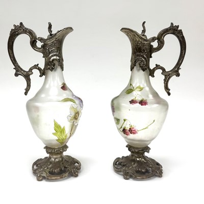 Lot 3 - Pair of Enameled Glass Decanters with Silver-Plated Pewter Mounts