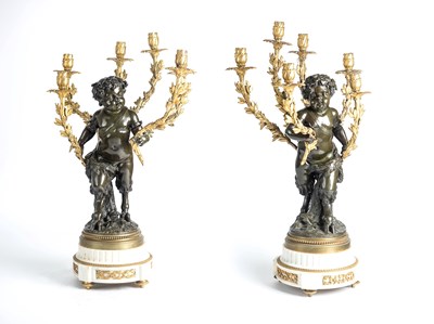 Lot 48 - Pair of Ormolu and Patinated Bronze Two-Light Candelabra