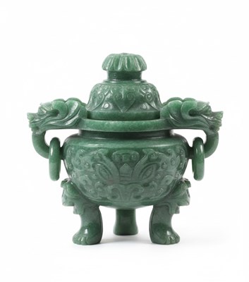 Lot 196 - A carved hardstone tripod censer and cover "Ding"