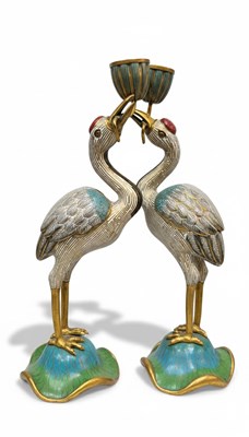 Lot 191 - A Pair of Cloisonne Enamel Cranes Candle Holders (Lu Shou Lu)