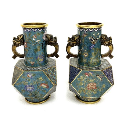 Lot 176 - A Magnificent Pair of Gilt-Bronze and Cloisonné Enamel Vases with Dragon Handles