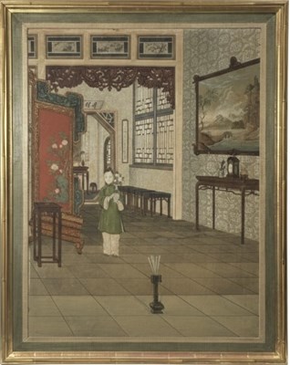 Lot 147 - A Pair of Paintings on Silk Depicting a Palace Interior with an Early Electrostatic Machine
