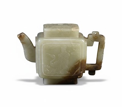 Lot 113 - A Carved Pale Celadon Jade "Scholar's" Teapot (Cháhú)