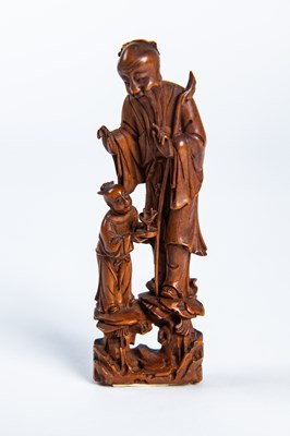 Lot 159 - A Carved Boxwood Figure of Shoulao and Attendant