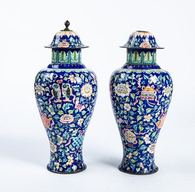 Lot 165 - A Pair of Canton Enamel Baluster Vases and Covers