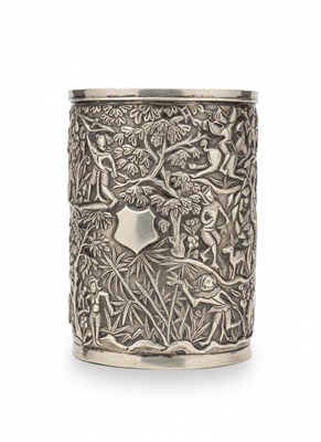 Lot 92 - A Chinese Export Silver Brush Pot with Figural Relief