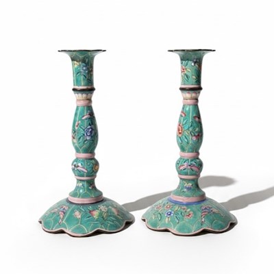 Lot 192 - A Fine Pair of Chinese Canton Enamel Candlesticks