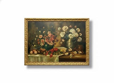 Lot 59 - “Still Life with Lobster, Oysters, Fruit and Flowers,” by Jules Cambier 19th/20th century.