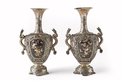 Lot 75 - A Fine Pair of Silver Filigree, Lacquer and Shibayame Vases