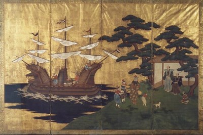 Lot 73 - A Japanese Namban Screen depicting the arrival of foreigners in Japan, beginning of 19th Century